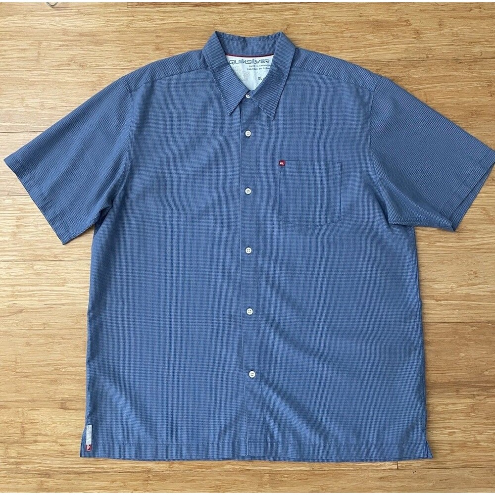 Vintage Quiksilver Mens XL Short Sleeve Button Up Shirt Blue Check Surf Y2K